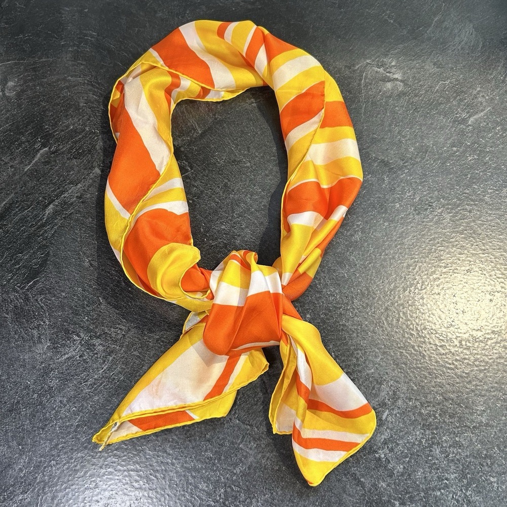 Vintage 60s ECHO 100%‎ Silk Scarf Orange, Yellow & White Striped 64 X 15"